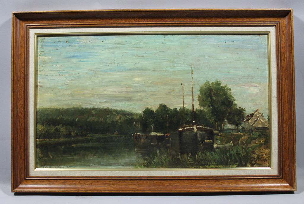 Péniches sur une rivière (titre factice), Eugène d' Argence, 2e moitié 19e siècle