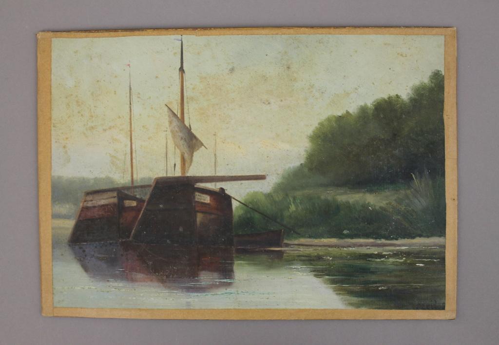 Les péniches en aval du pont de Creil au bord de l'île (titre inscrit), Ernest Galle, 1887 achevée en