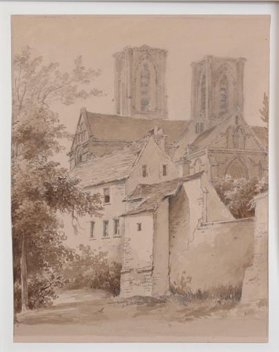 Vue de la ville haute de Laon, avec en arrière-plan l'église Saint-Martin [titre factice], Pierre Louis Delaval, 1ère moitié 19e siècle