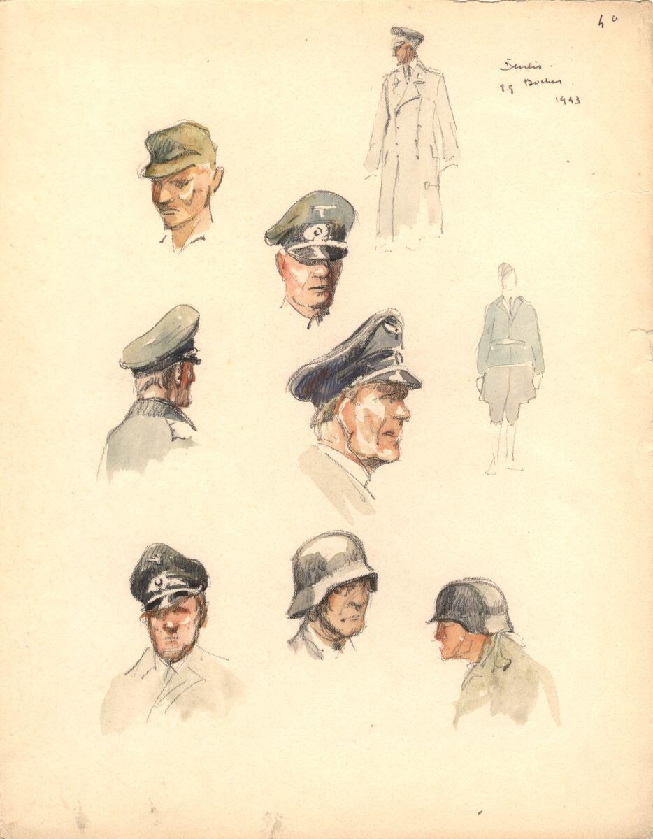Sept têtes et deux silhouettes de soldats, Senlis_0