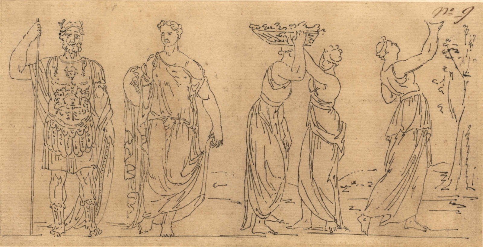 Frise de cinq personnages : un guerrier et une femme de face, trois autres cueillant des fruits, Félix Boisselier, 1795-1805