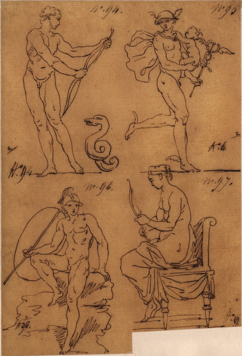 Apollon pythoctone ; Mercure apportant Bacchus aux nymphes ; Mars ou Ajax bravant Minerve ; Vénus enseigne à l’Amour [manquant] l’usage de l’arc_0