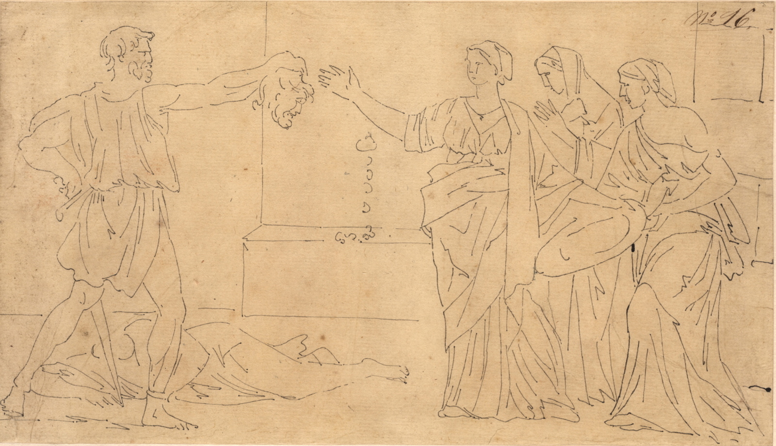 Scène de décollation à cinq personnages : trois femmes recueillant la tête que présente le bourreau, Félix Boisselier, 1795-1805