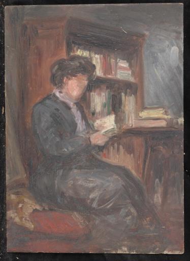 Femme assise lisant dans une bibliothèque, Valentine Reyre, 1905-1910
