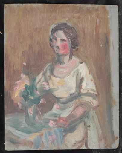 Portrait d'une jeune femme assise avec un bouquet de fleurs, Valentine Reyre, 1905-1910