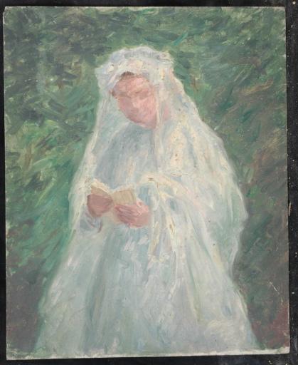 Portrait d'une communiante ou d'une mariée lisant, en robe blanche, Valentine Reyre, 1905-1910