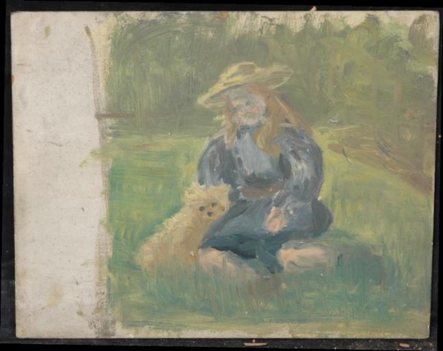 Femme assise avec son chien dans un pré, Valentine Reyre, 1905-1910