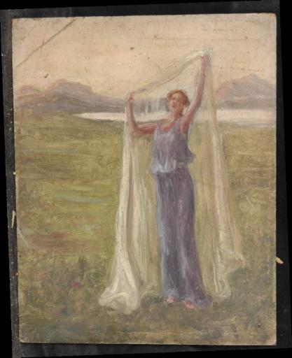 Femme au voile en robe bleue dans une prairie au bord d'un lac, Valentine Reyre, 1905-1910