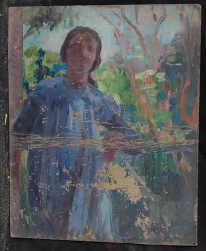 Femme au voile en robe bleue dans un paysage coloré, Valentine Reyre, 1905-1910