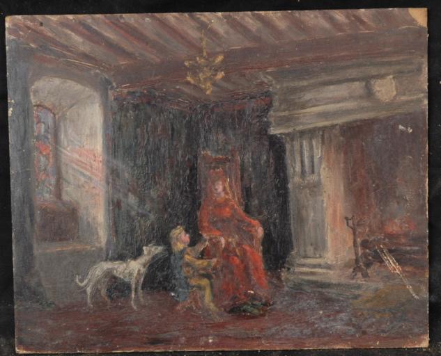 Femme, enfant et un chien près d'une cheminée, Valentine Reyre, 1905-1910