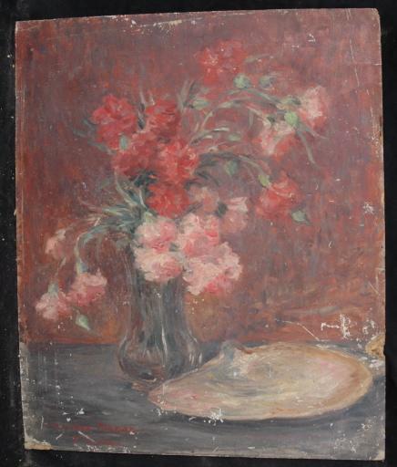 Bouquet d'œillets roses et rouges et coquille de nacre, Valentine Reyre, 1905-1910