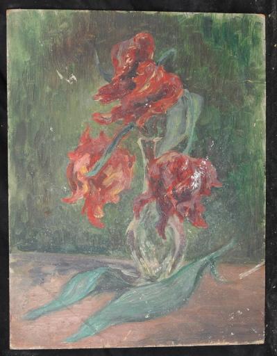 Trois fleurs dans un vase au recto ; quatre études de têtes de chiens au verso_0