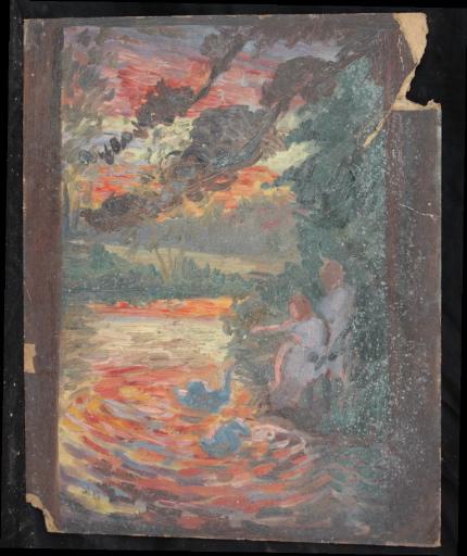 Deux personnages nourrissant des cygnes au soleil couchant, Valentine Reyre, 1905-1910