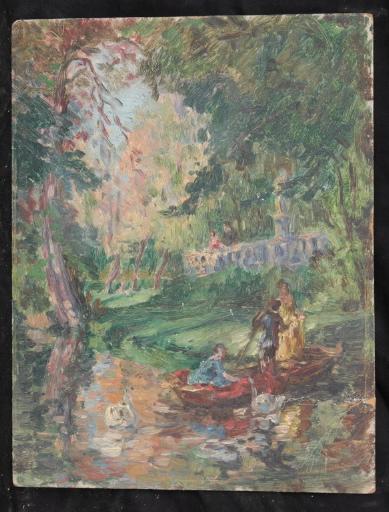 Personnages dans des barques sur une rivière avec des cygnes, Valentine Reyre, 1905-1910