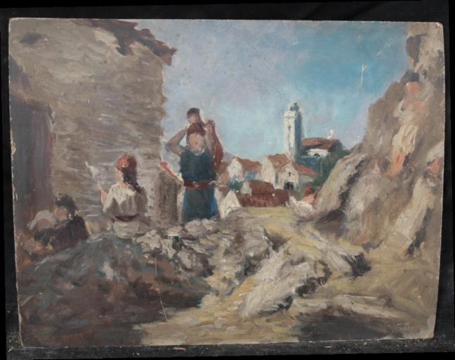 Trois femmes et un enfant avec un village à l'arrière plan, Valentine Reyre, 1905-1910