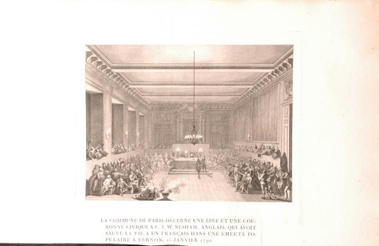La Commune de Paris décerne une épée et une couronne à Nesham, 15 janvier 1790 (titre factice), Jean-Louis Prieur, 1790 vers