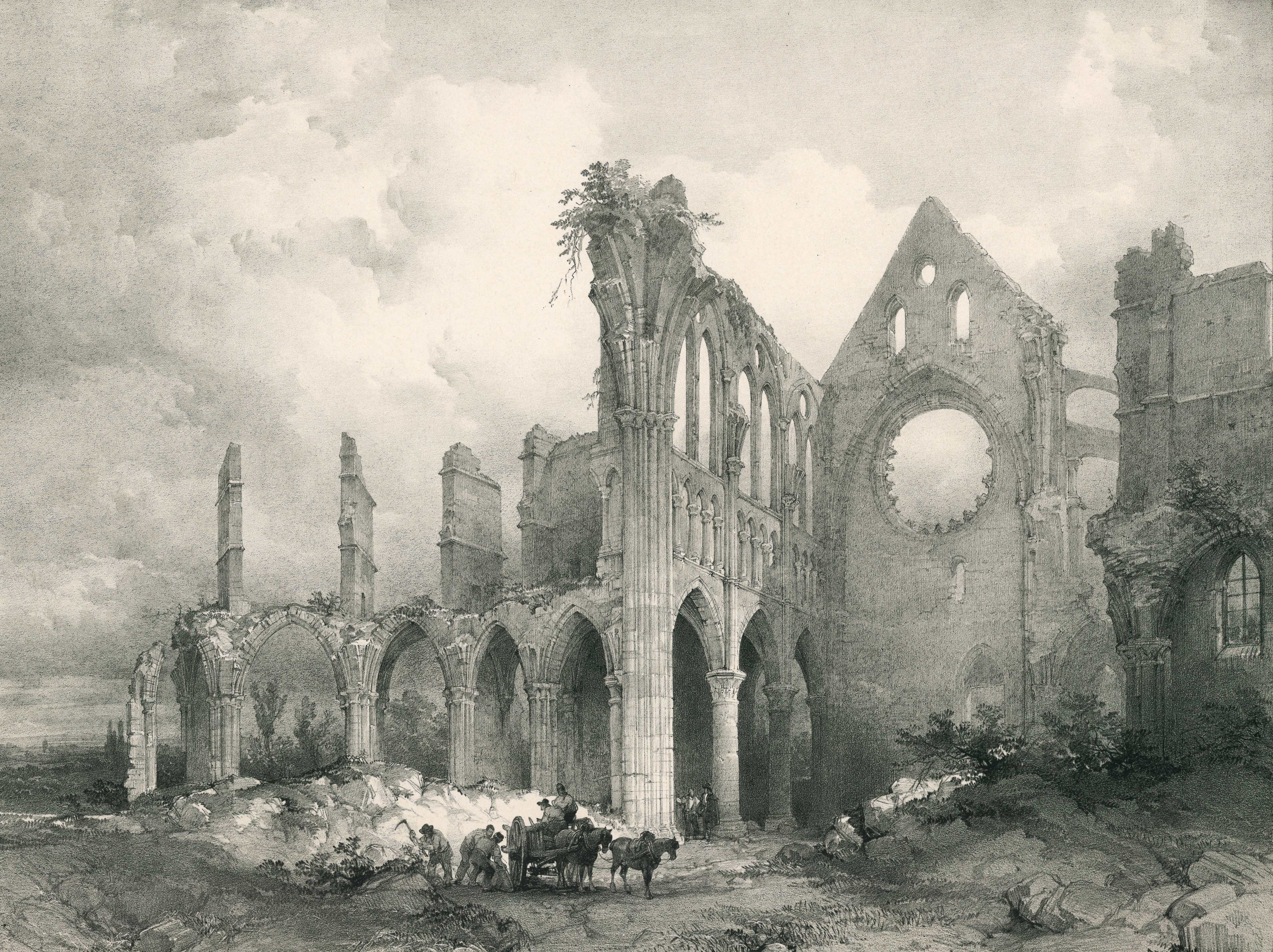 Vue générale des ruines de l'abbaye de Longpont (Aisne), Луи Гаг, 1837