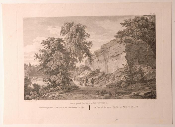 Vue du grand Rocher avec l'inscription de l'abbé de Lille à Mortefontaine (Oise) (titre factice)_0