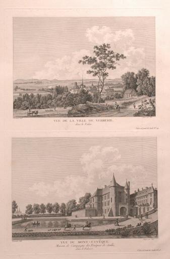 Vue de Verberie et vue de la Maison des évêques à Mont-l'Evêque (Oise) (titre factice), François Denis Née, 2e moitié 18e siècle