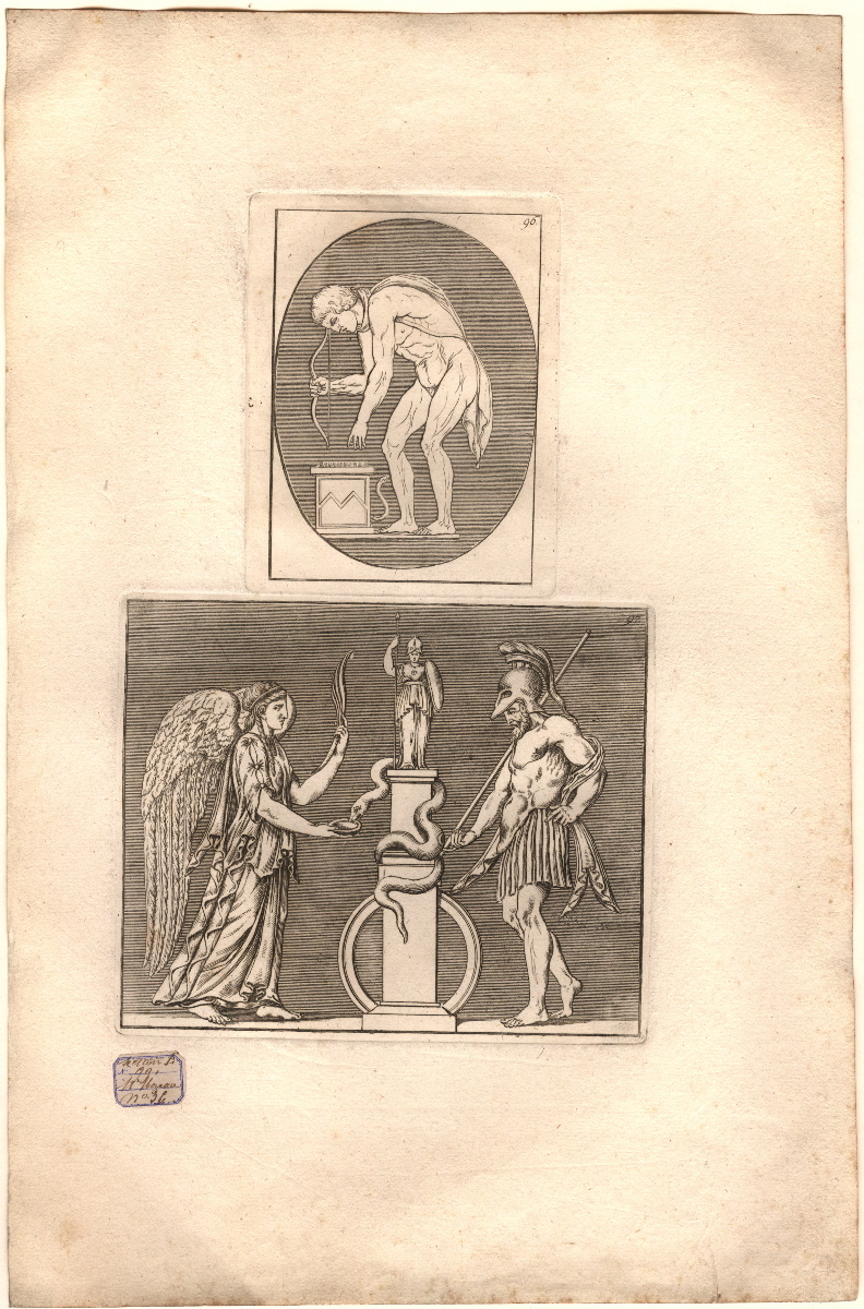 Philoctète, lors de l’expédition contre Troie, est mordu par un serpent # deux personnages autour d’une statue d’Athéna (titre ancien)_0
