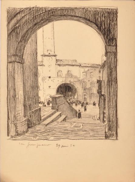 San Gimignano, la place vue d'une porte (titre factice)_0