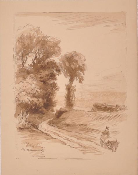 Chemin bordé d'arbres avec une femme poussant une brouette (titre factice), Paul-Adrien Bouroux, 19e siècle, 20e siècle