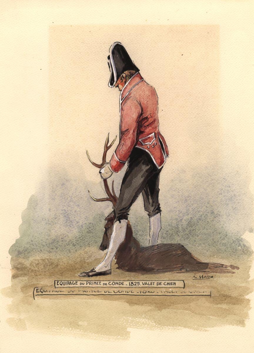 Valet de chien de l’équipage du prince de Condé tenant la dépouille d’un cerf par sa ramure, 1825, Charles-Jean Hallo