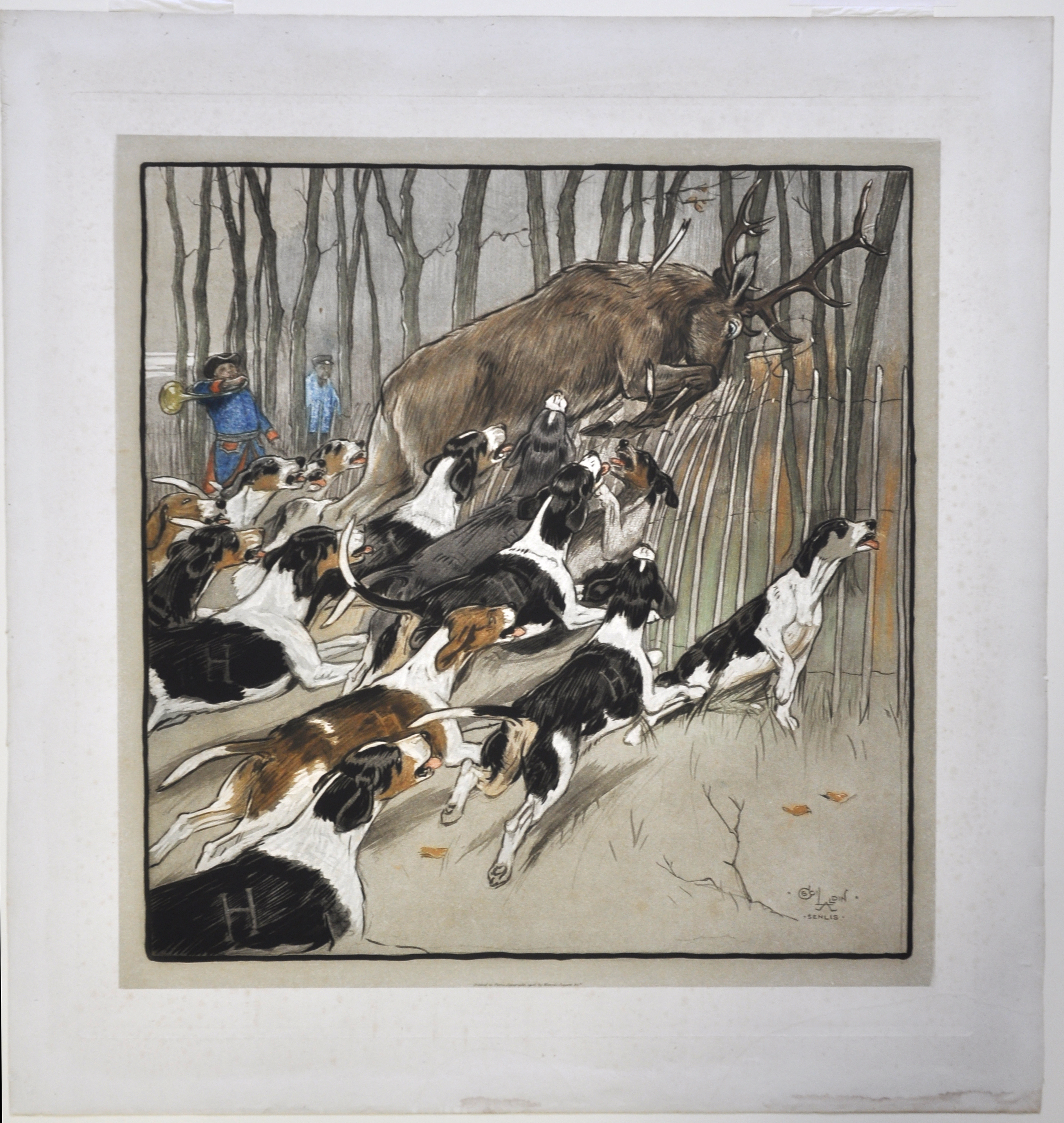 Chasse de l'équipage Lyons - Halatte, cerf sautant une clôture, Cecil Charles Windsor Aldin, 1906