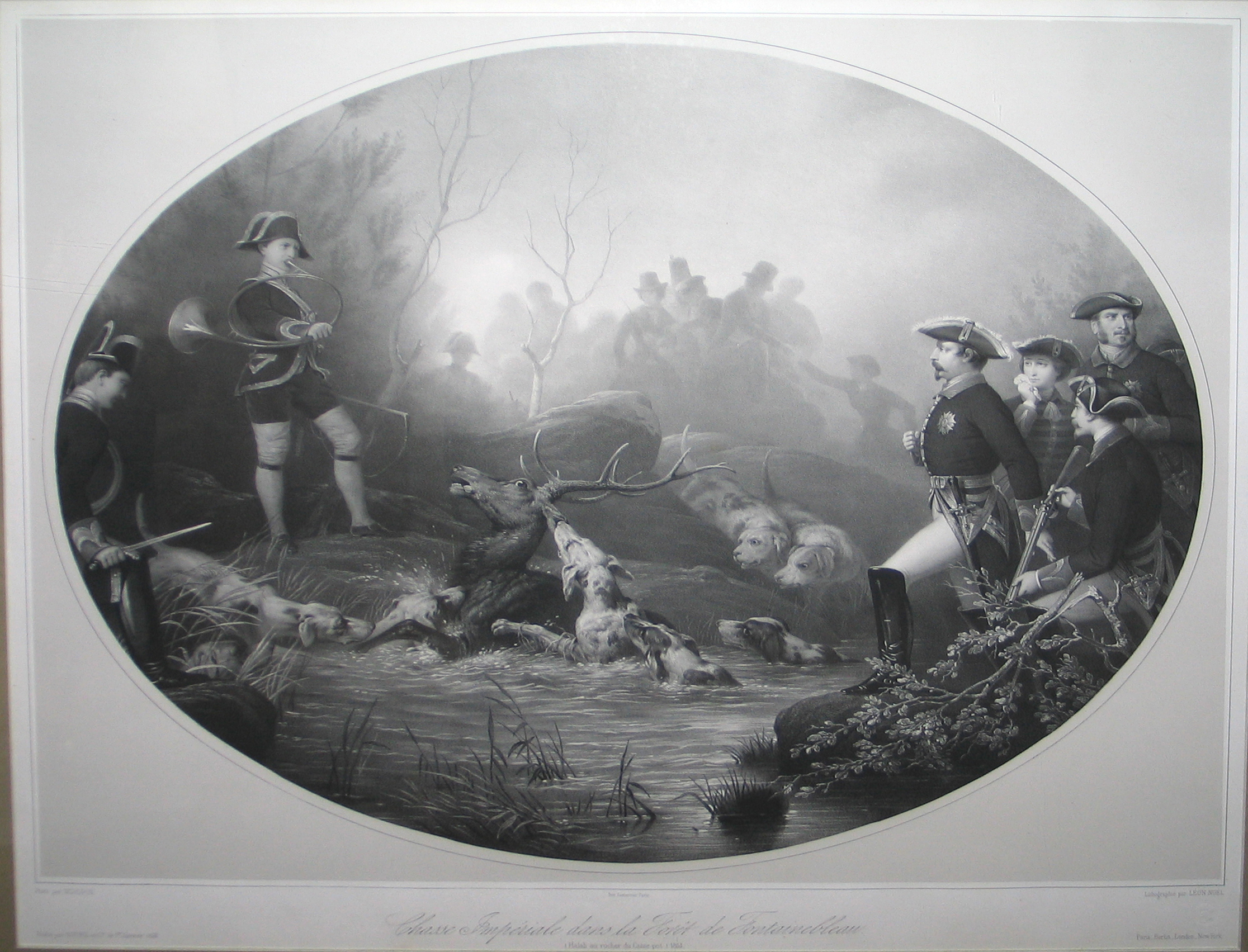 Chasse impériale de Napoléon III en forêt de Fontainebleau, bat l'eau au rocher du Cassepot (titre inscrit), Léon Noel, 1853