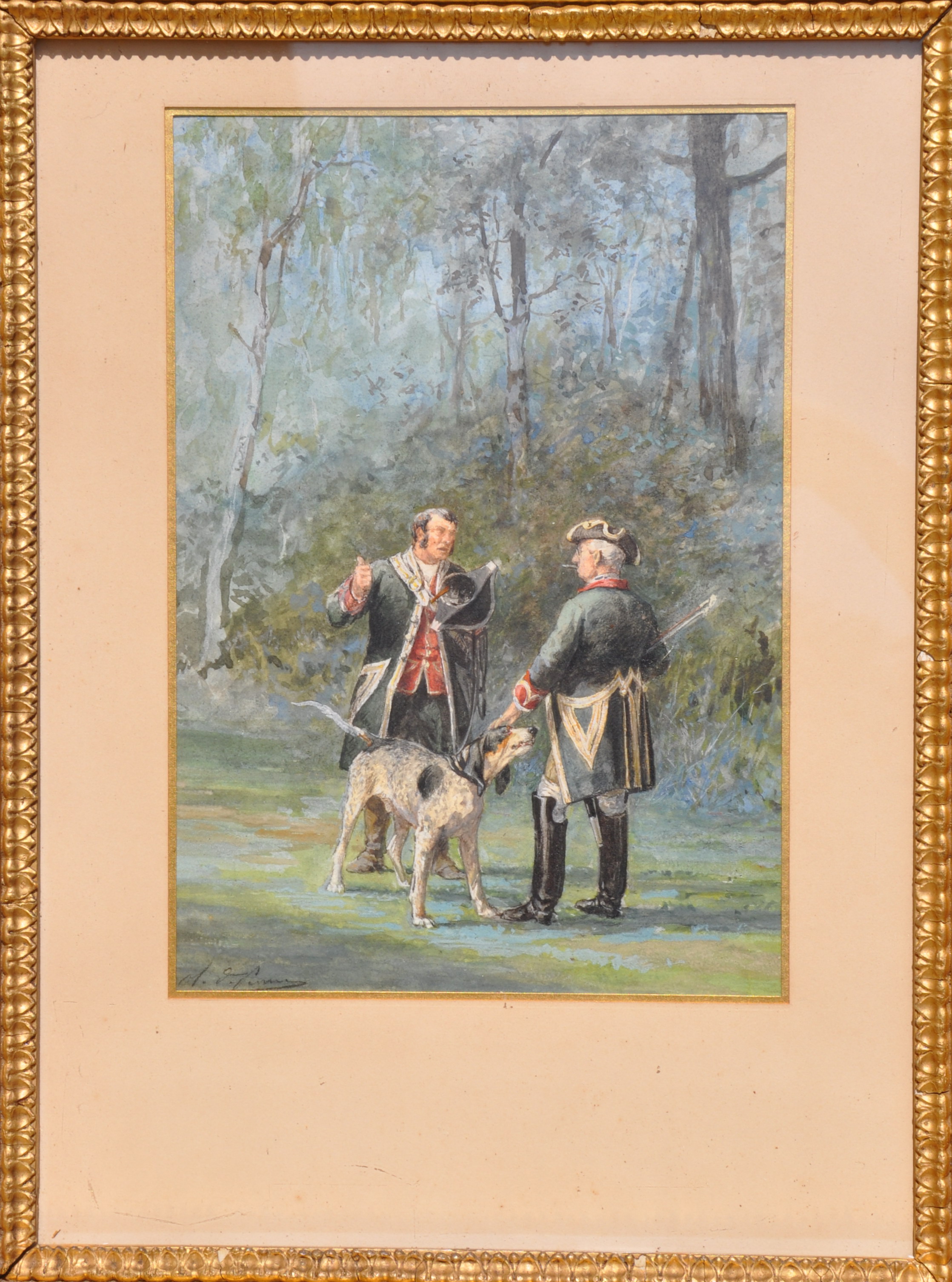 Piqueux de la vénerie impériale faisant son rapport au baron Lambert, capitaine des chasses de Napoléon III (titre factice), Charles Olivier De Penne, 19e siècle