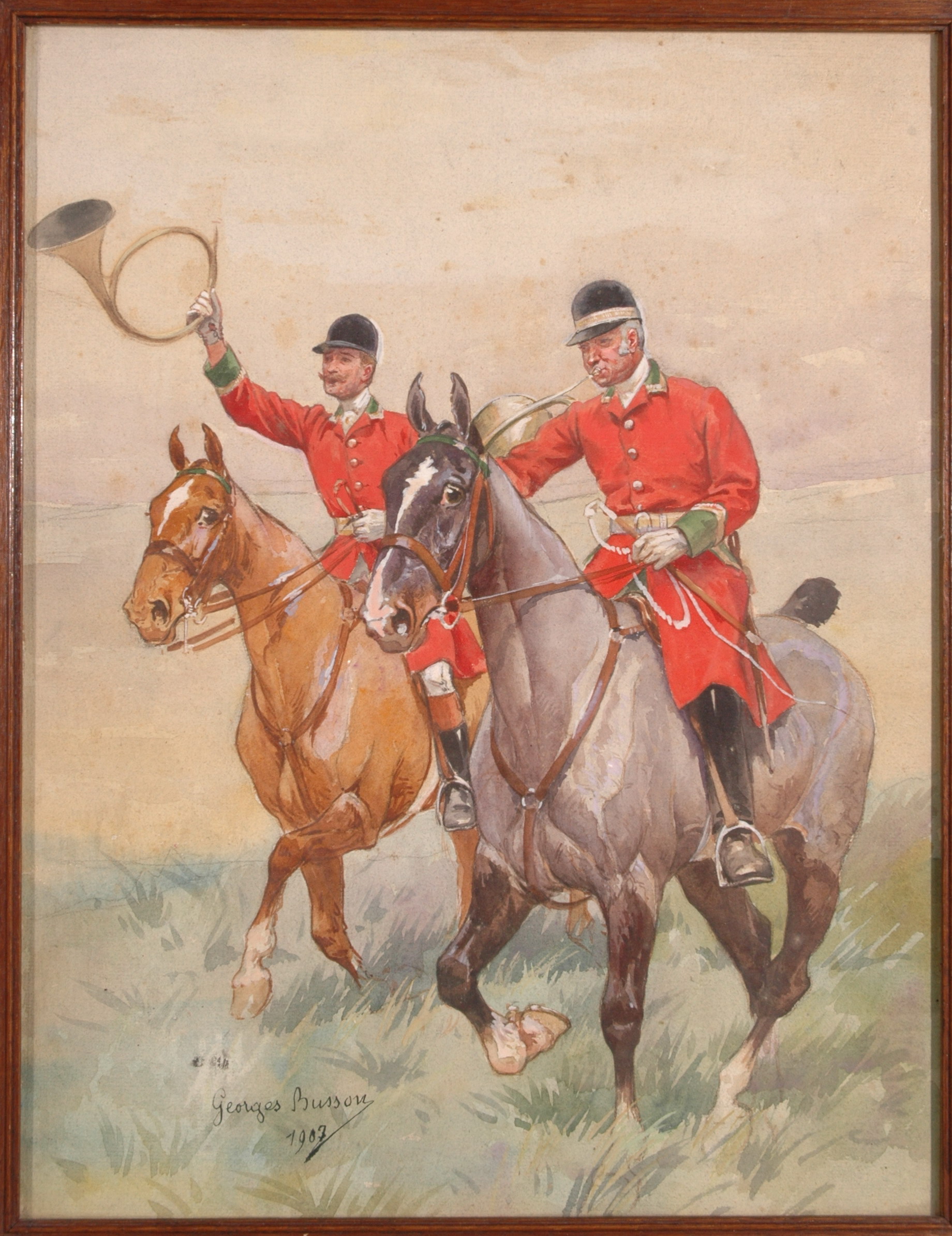 Deux veneurs à cheval (vautrait Bertin ?) (titre factice), Georges Busson, 1907
