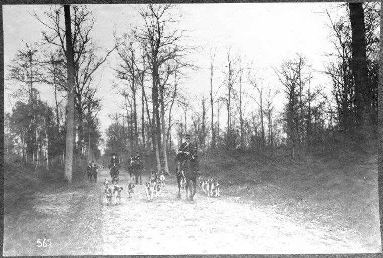 Photographie extraite d'un album de 32 photographies : équipage du duc de Chartres, Chantilly. Veneurs et la meute_0