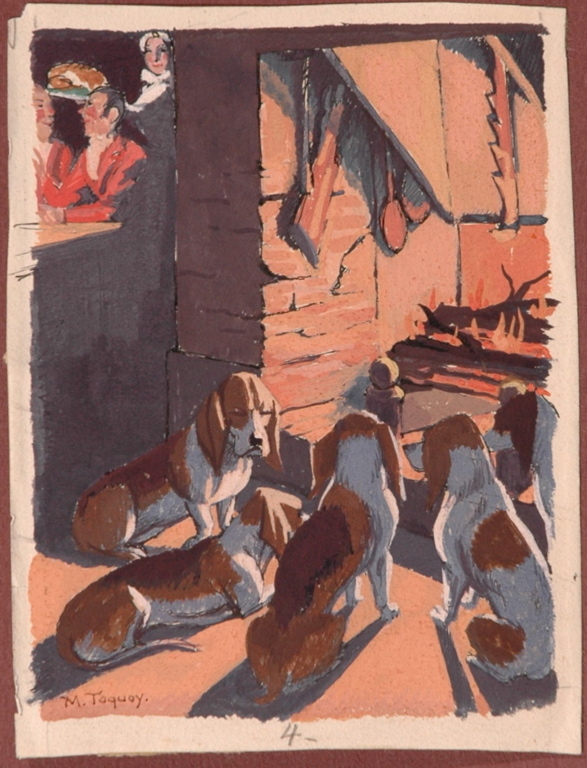 Meute de chiens devant la cheminée, Maurice Taquoy