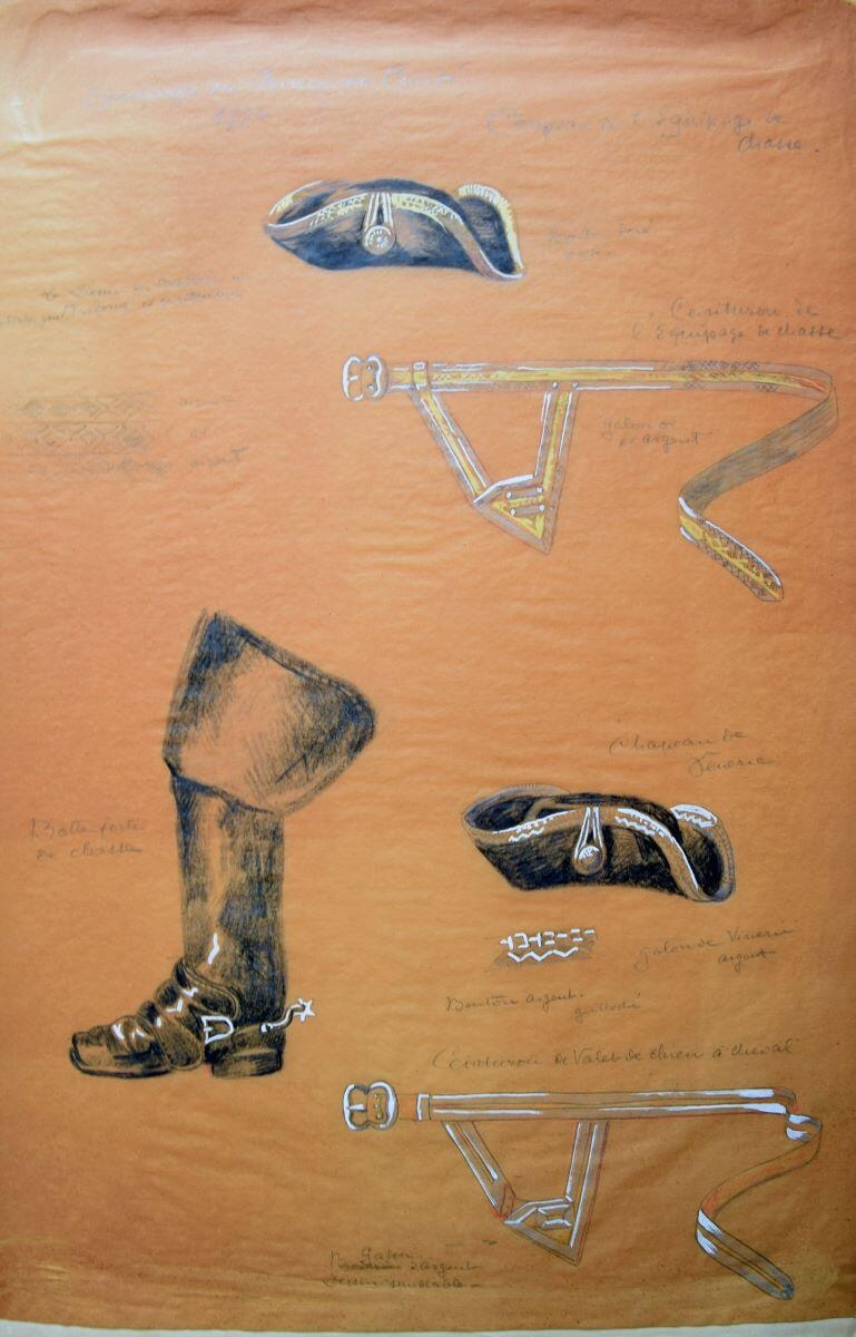 Chapeau, ceinturon et botte ; équipage du prince de Condé, Charles-Jean Hallo
