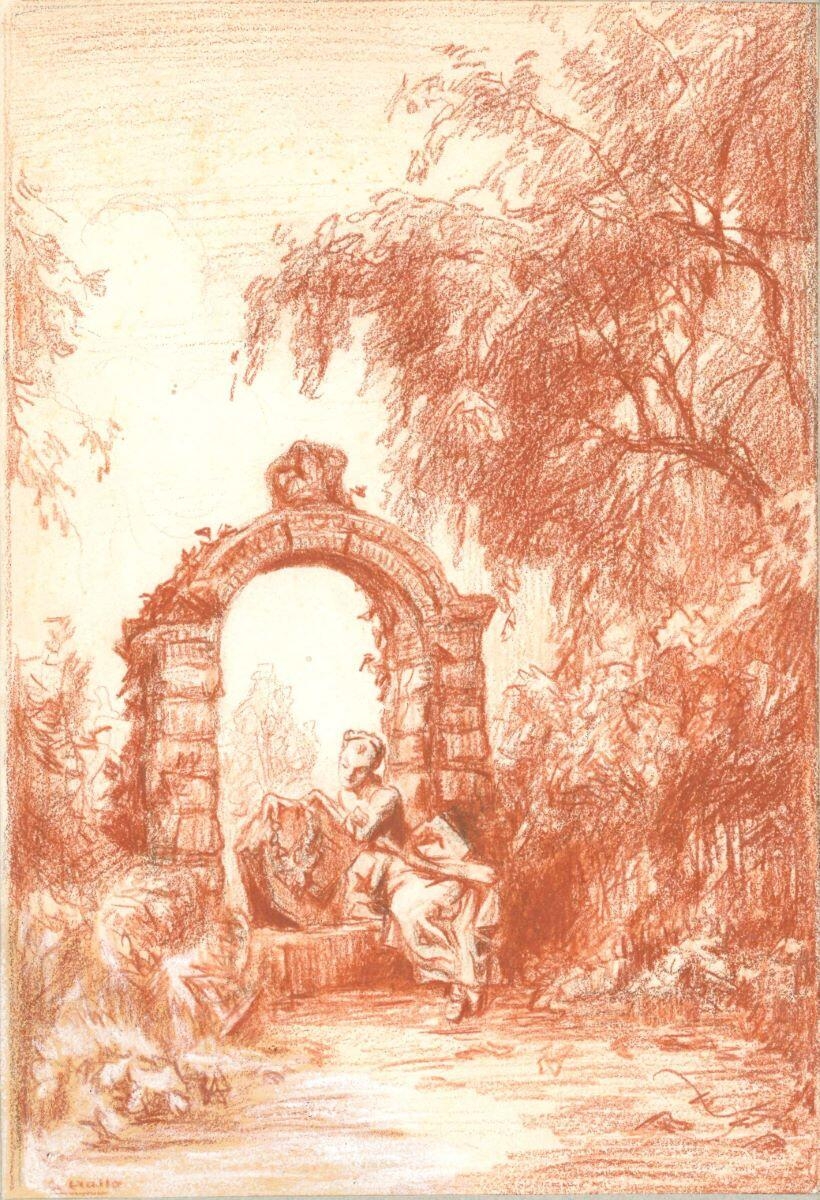 Jeune fille présentant une couronne de fleurs sous un portique antique, Charles-Jean Hallo