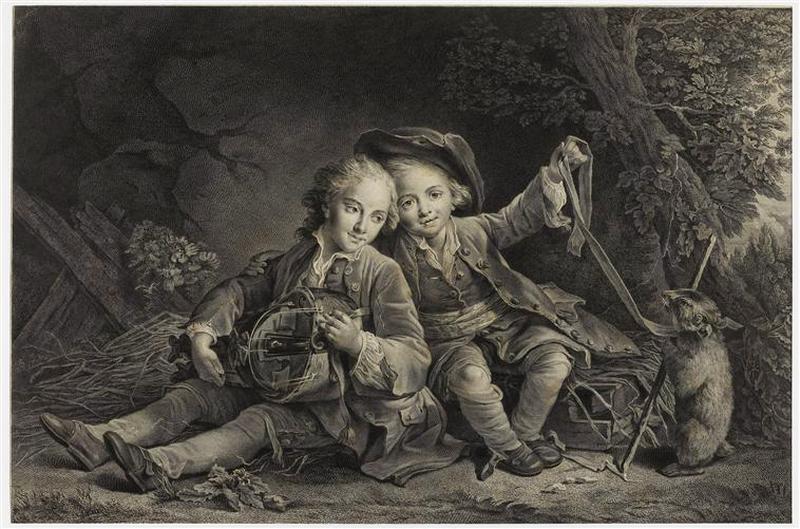 Deux enfants assis, l'un tenant un instrument de musique et l'autre jouant avec une marmotte_0