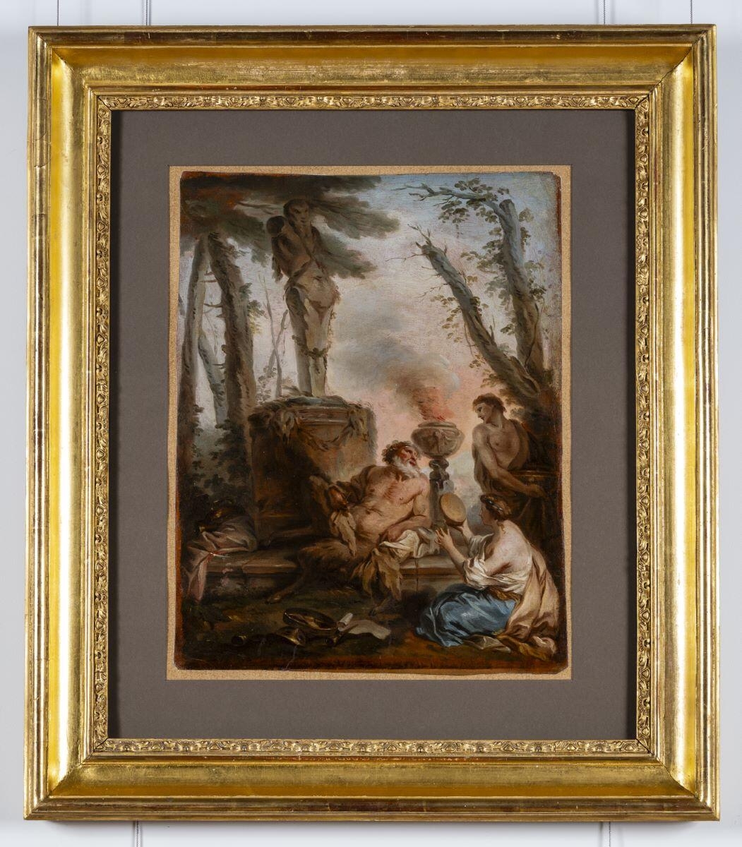 Silène et Bacchante ; Sacrifice à Pan (registre d'inventaire) ; Silène et nymphes, école de Boucher (Ancien titre, cartel) ; Etudes de personnages (revers), Joseph-Siffred Duplessis, 1744-1747