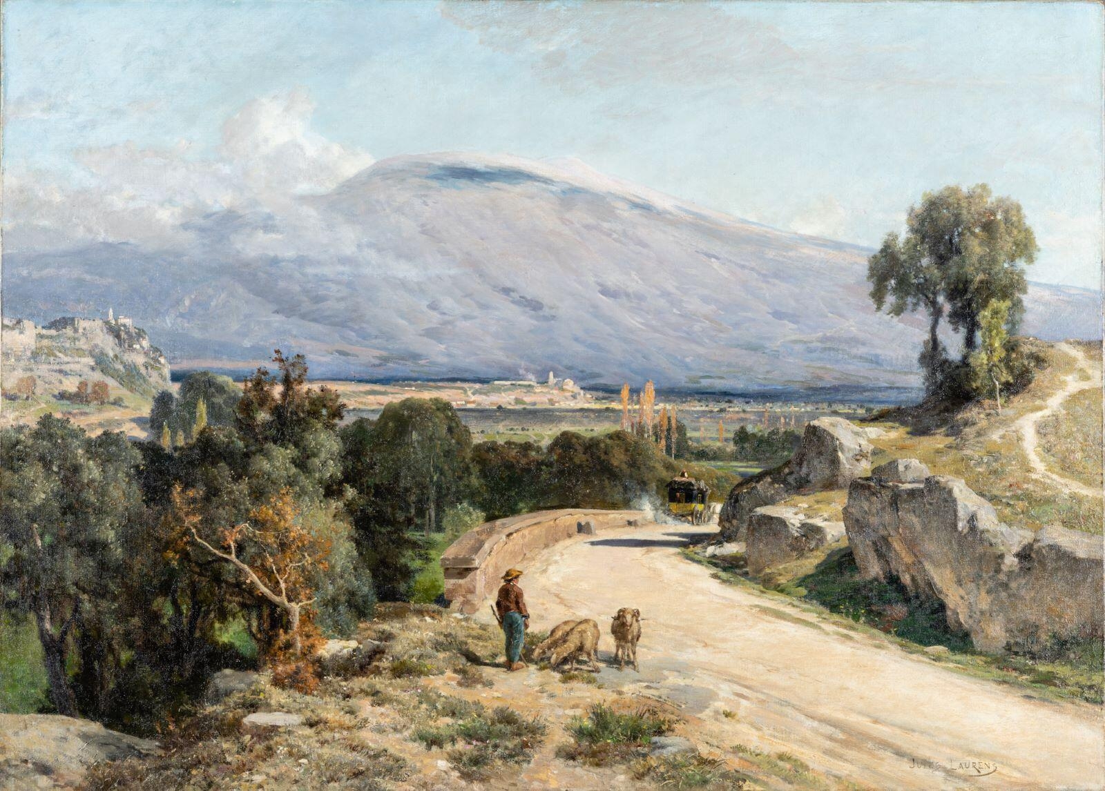 Route de Bédoin ; "Le Mont Ventoux (effet du matin), vu de la route de Carpentras à Bédoin au dessus de Saint-Pierre de Vassols", Jules-Joseph-Augustin Laurens, 1884