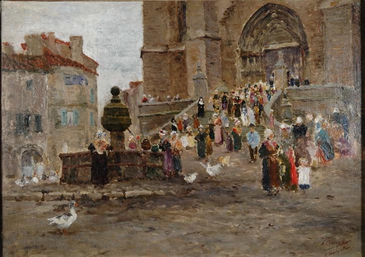 Sortie de messe, descente de l'escalier, église de la Chaise-Dieu_0