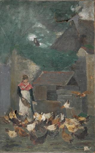 Paysanne donnant des grains à une basse-cour_0