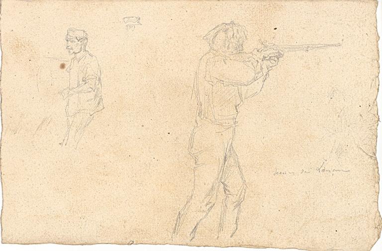 Etudes de personnages dont unn tenant un fusil_0