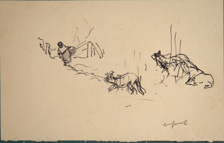 Paysanne de dos sur un chemin ; étude de chiens_0