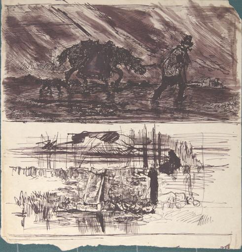 Etude d'homme et son cheval sous un orage (en haut). Etude de gardienne d'oies (en bas)_0