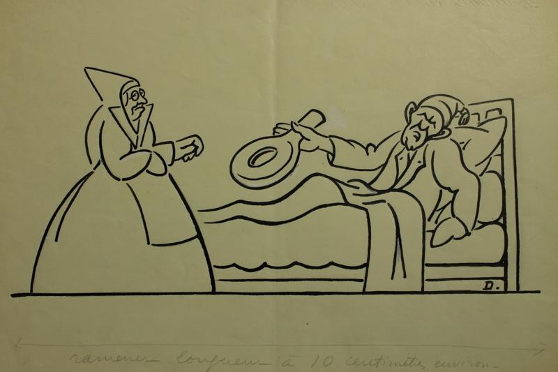 Caricature. Scène de bassin de lit, Jean Duclos, 1900-1950