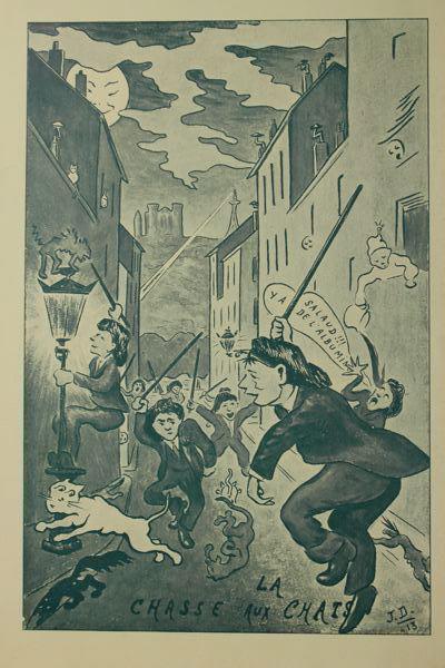 Caricature. La chasse aux chats, Jean Duclos, 1913 vers