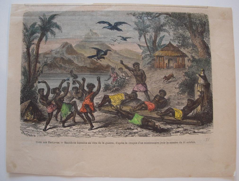 Côte des esclaves. Sacrifices humains au dieu de la guerre, d'après le croquis d'un missionnaire. (titre inscrit) — Bertrand