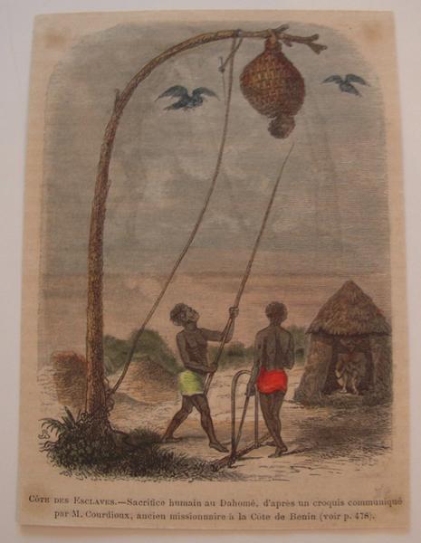 Côte des esclaves. Sacrifices humains au Dahomé, d'après un croquis communiqué par M. Courdioux, ancien missionnaire à la Côte de Bénin. (titre inscrit)_0