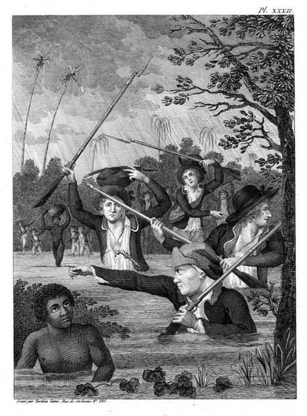 Marche de militaires en Guyane (titre factice), John Gabriel Stedman, 1799