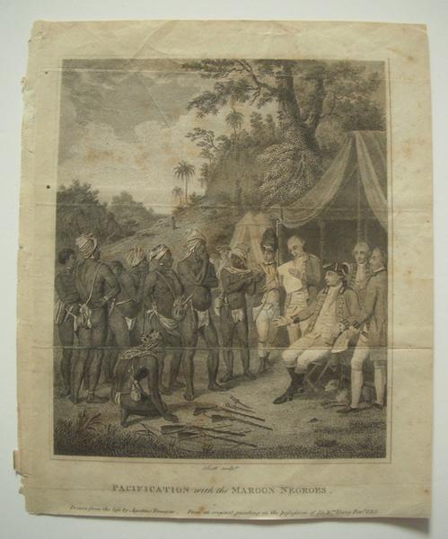Pacification with the maroon negroes (titre inscrit, anglais), Augustin Brunias, 1801