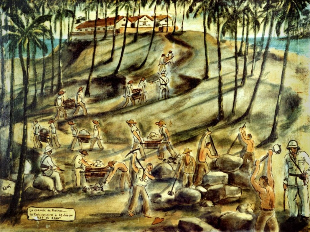 La corvée de roche. Les réclusionnaires à Saint Joseph. Iles du Salut., Francis Lagrange, 1952